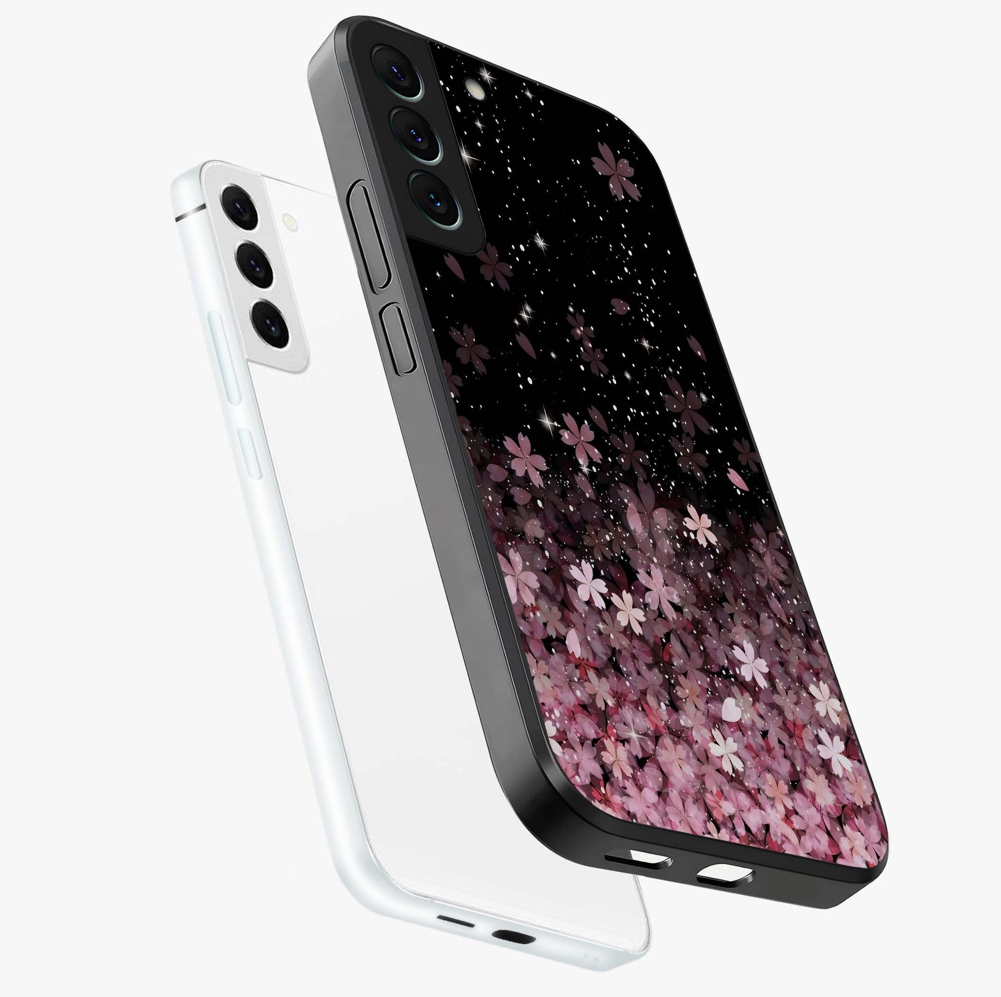 Small Starry Flowers Glass Case displayed in angled mockup highlighting tiny flower pattern with celestial aesthetic style.