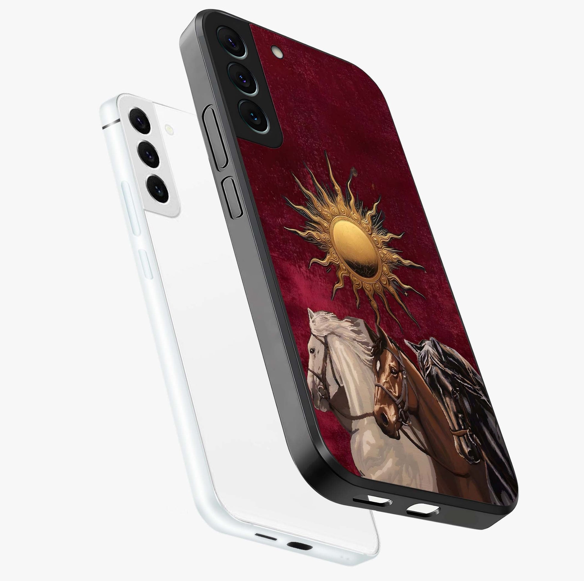 Solar Riders Glass Case displayed in angled mockup highlighting powerful rider illustration with radiant solar aesthetic.