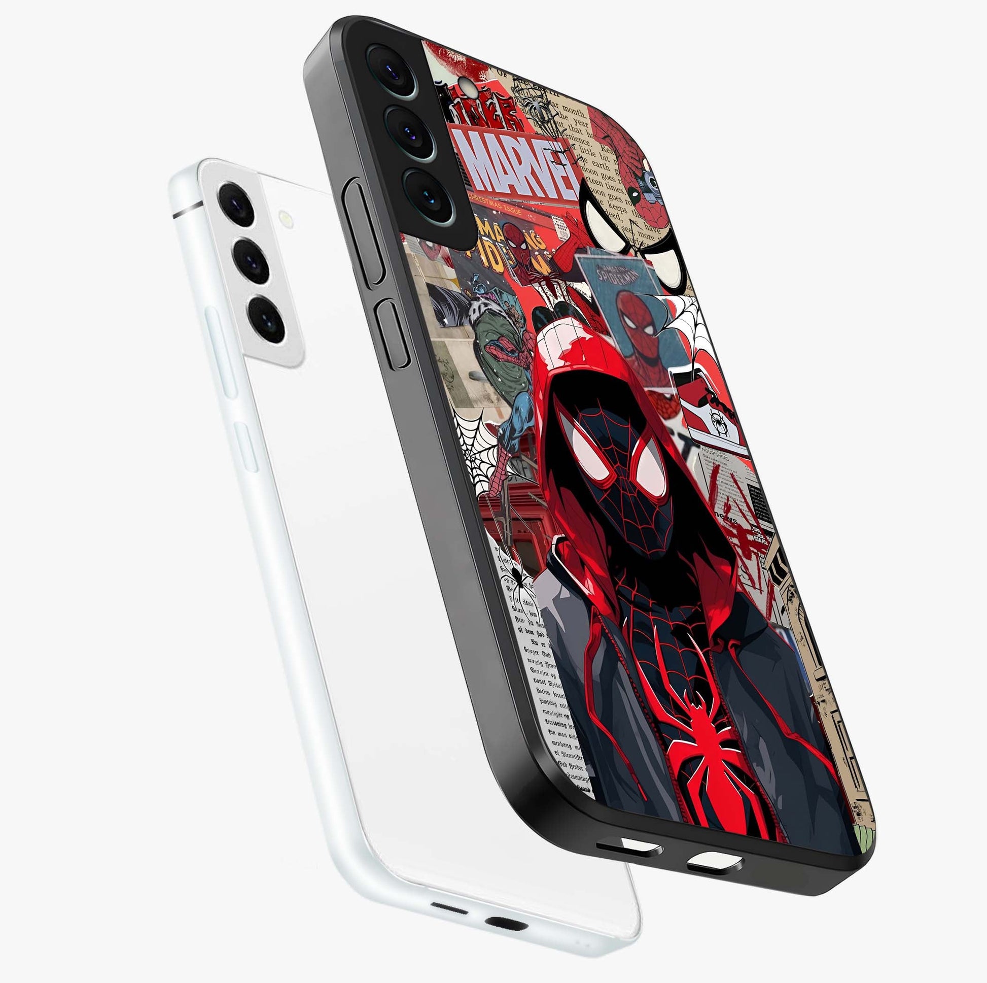 Spider Collage Street Glass Case displayed in angled mockup highlighting dynamic street style collage design with comic aesthetic.