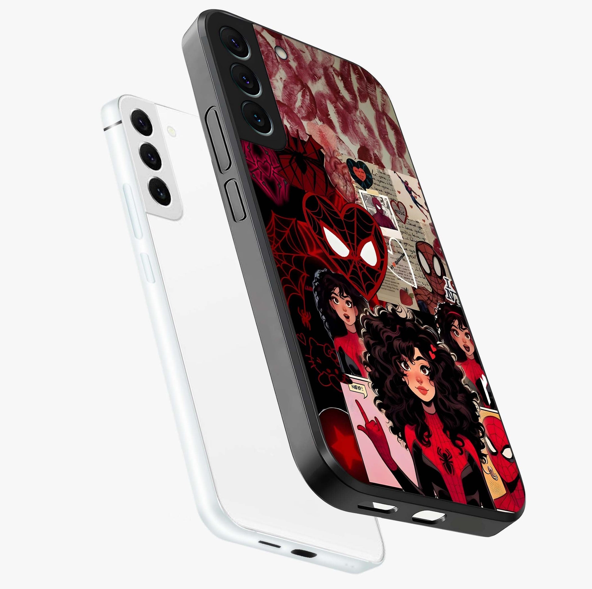 Spider Love Story Glass Case displayed in angled mockup highlighting expressive comic inspired design with playful aesthetic.
