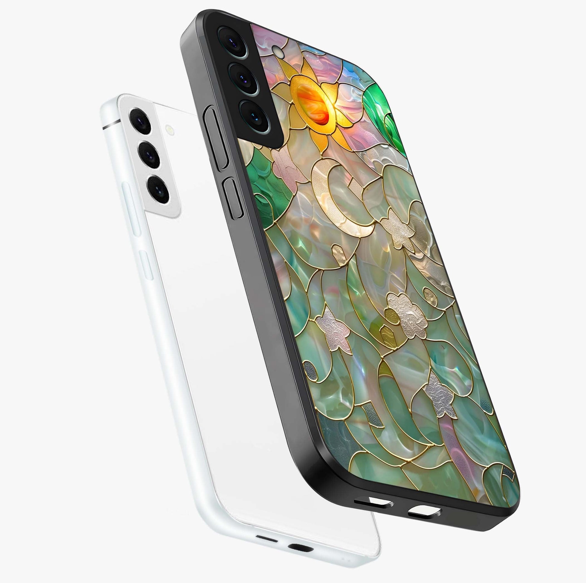 Stained Sunrise Glow Glass Case displayed in angled mockup highlighting radiant sunrise design with artistic aesthetic style.