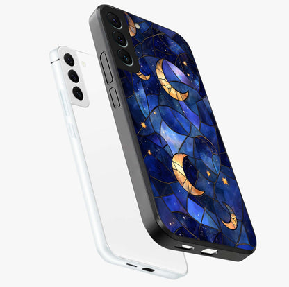 Starlit Sky Tapestry Glass Case displayed in angled mockup highlighting celestial night pattern with artistic aesthetic style.
