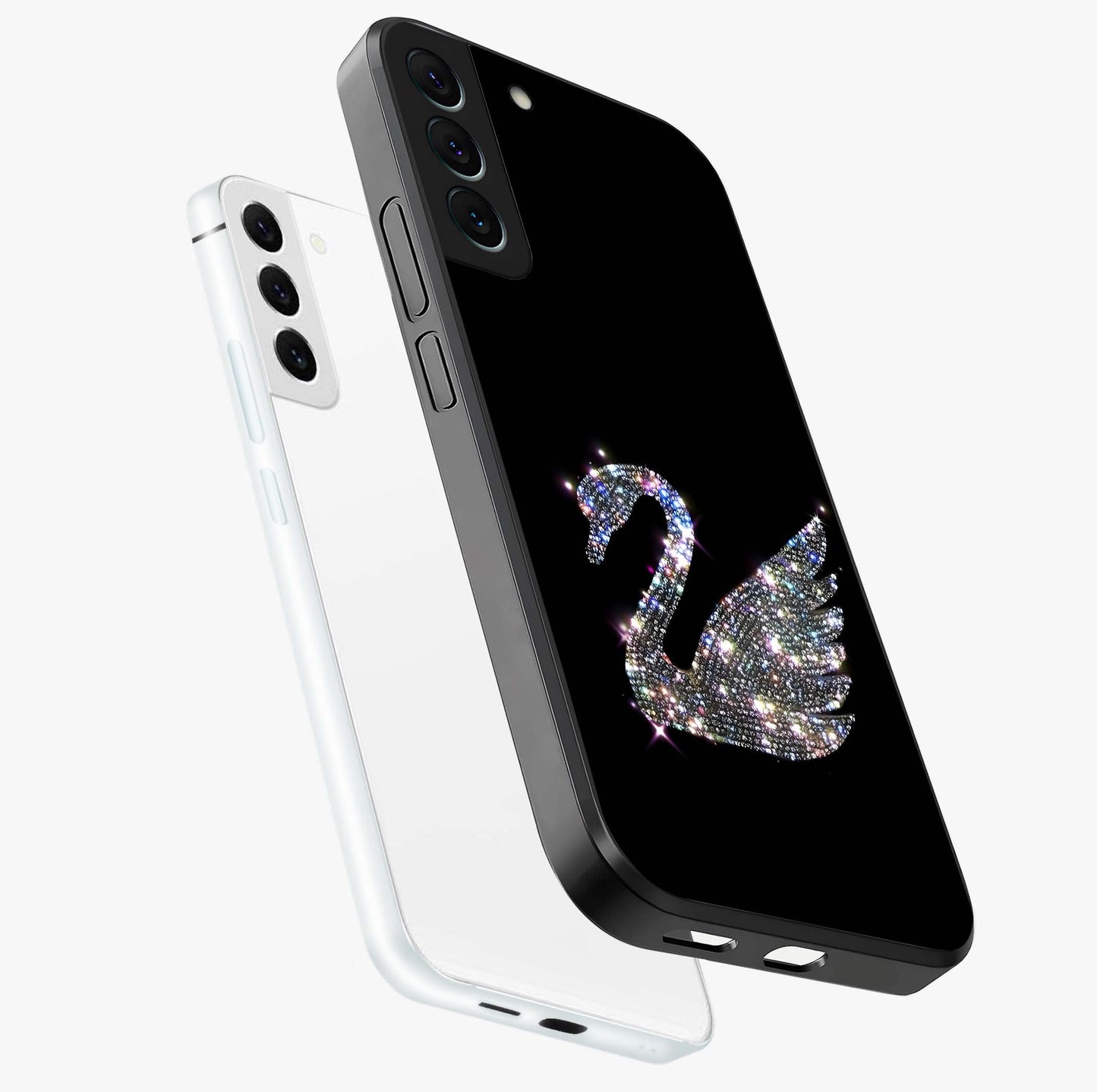 Starlit Swan Grace Glass Case displayed in angled mockup highlighting elegant swan illustration with dreamy celestial aesthetic.