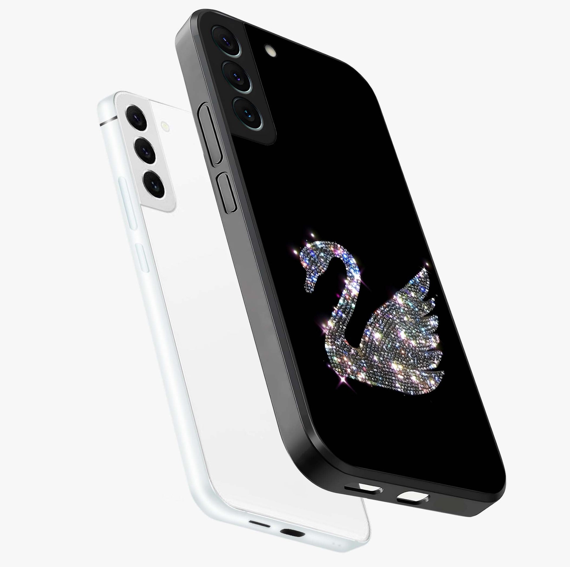 Starlit Swan Grace Glass Case displayed in angled mockup highlighting elegant swan illustration with dreamy celestial aesthetic.