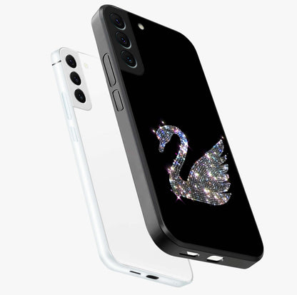 Starlit Swan Grace Glass Case displayed in angled mockup highlighting elegant swan illustration with dreamy celestial aesthetic.