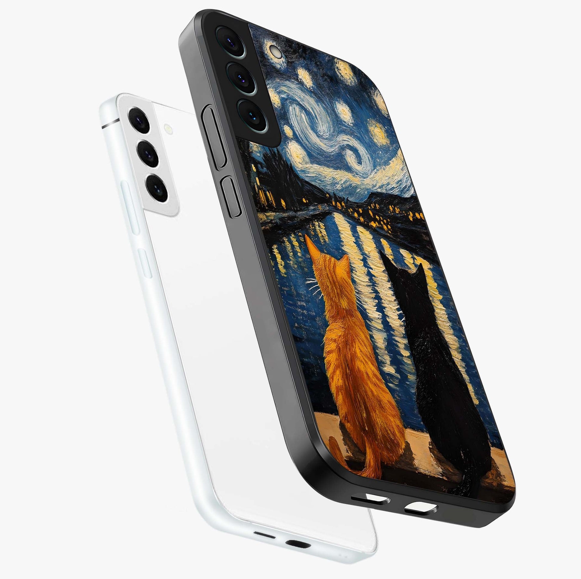 Starry River Cats Glass Case displayed in angled mockup highlighting charming feline illustration with dreamy night aesthetic.
