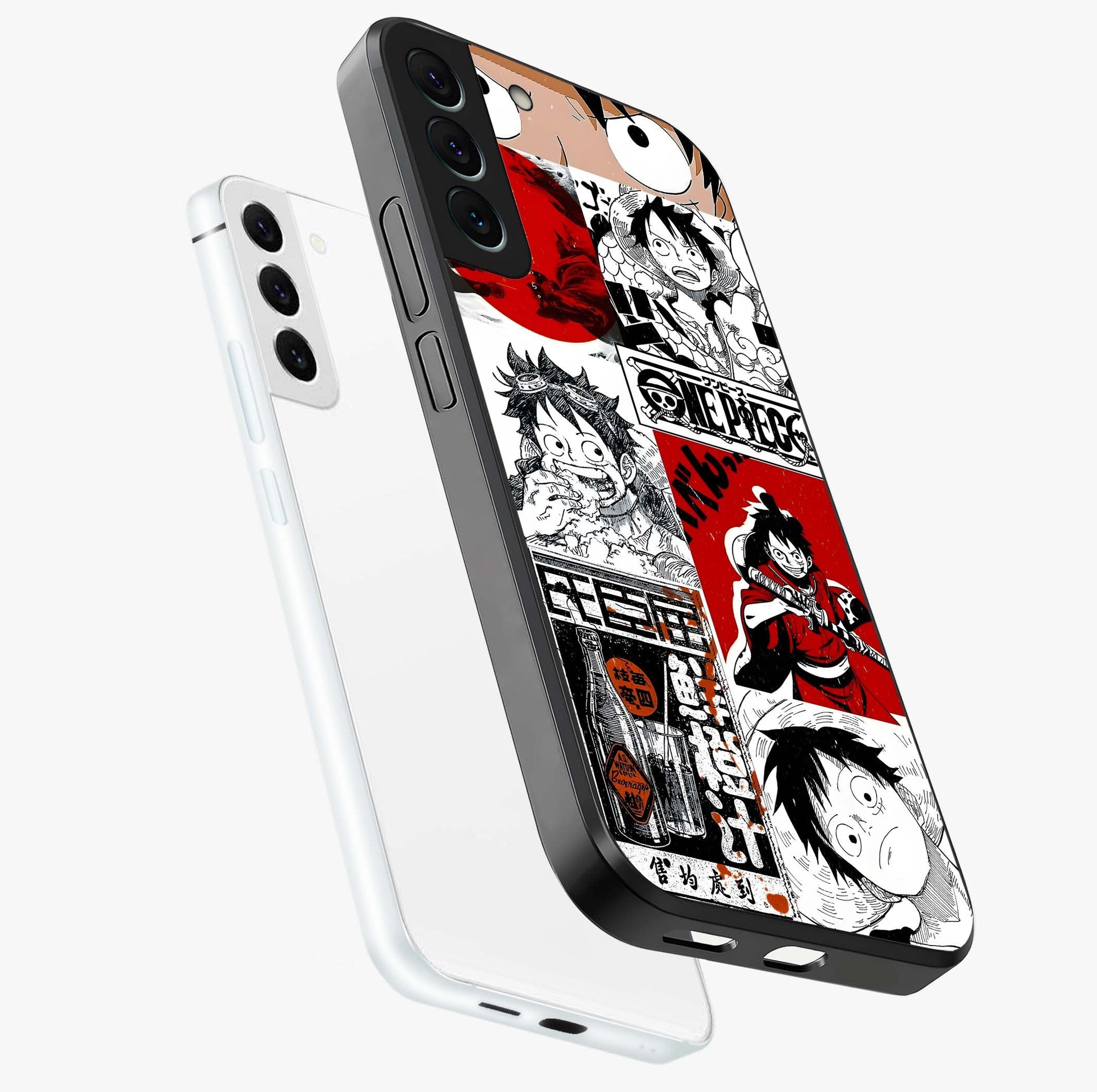 Strawhat Chaos Panels Glass Case displayed in angled mockup highlighting vibrant anime collage design with action aesthetic.