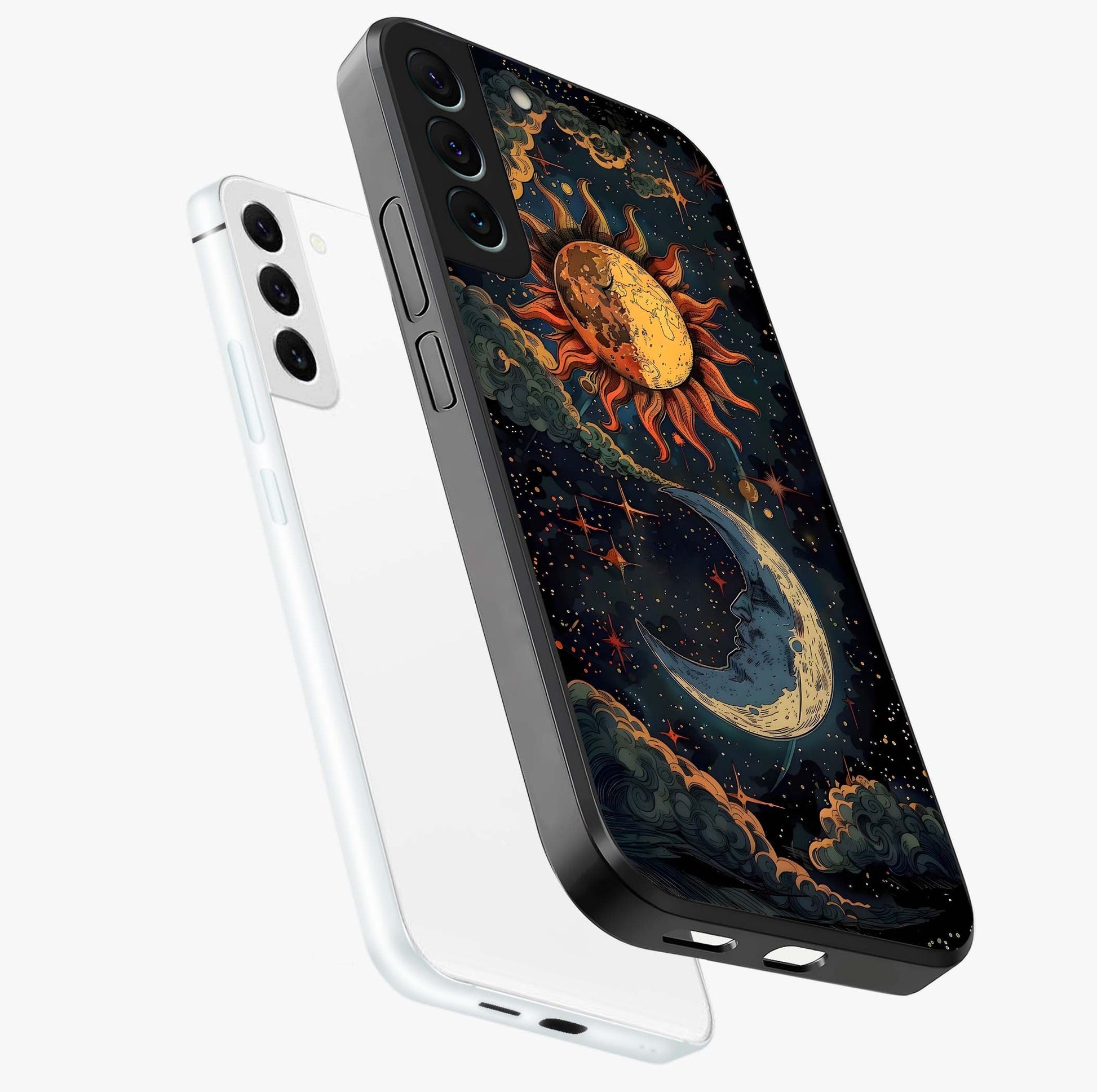 Sun And Moon Magic Design Glass Case displayed in angled mockup highlighting celestial design with magical cosmic aesthetic.