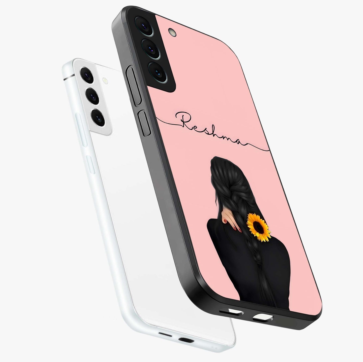 Sunflower Braid Beauty With Custom Name Glass Case displayed in angled mockup highlighting elegant sunflower design with custom name feature.