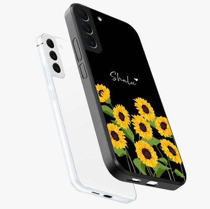 Sunflower Chic Mood Custom Name Glass Case displayed in angled mockup highlighting vibrant sunflower design with custom name feature.