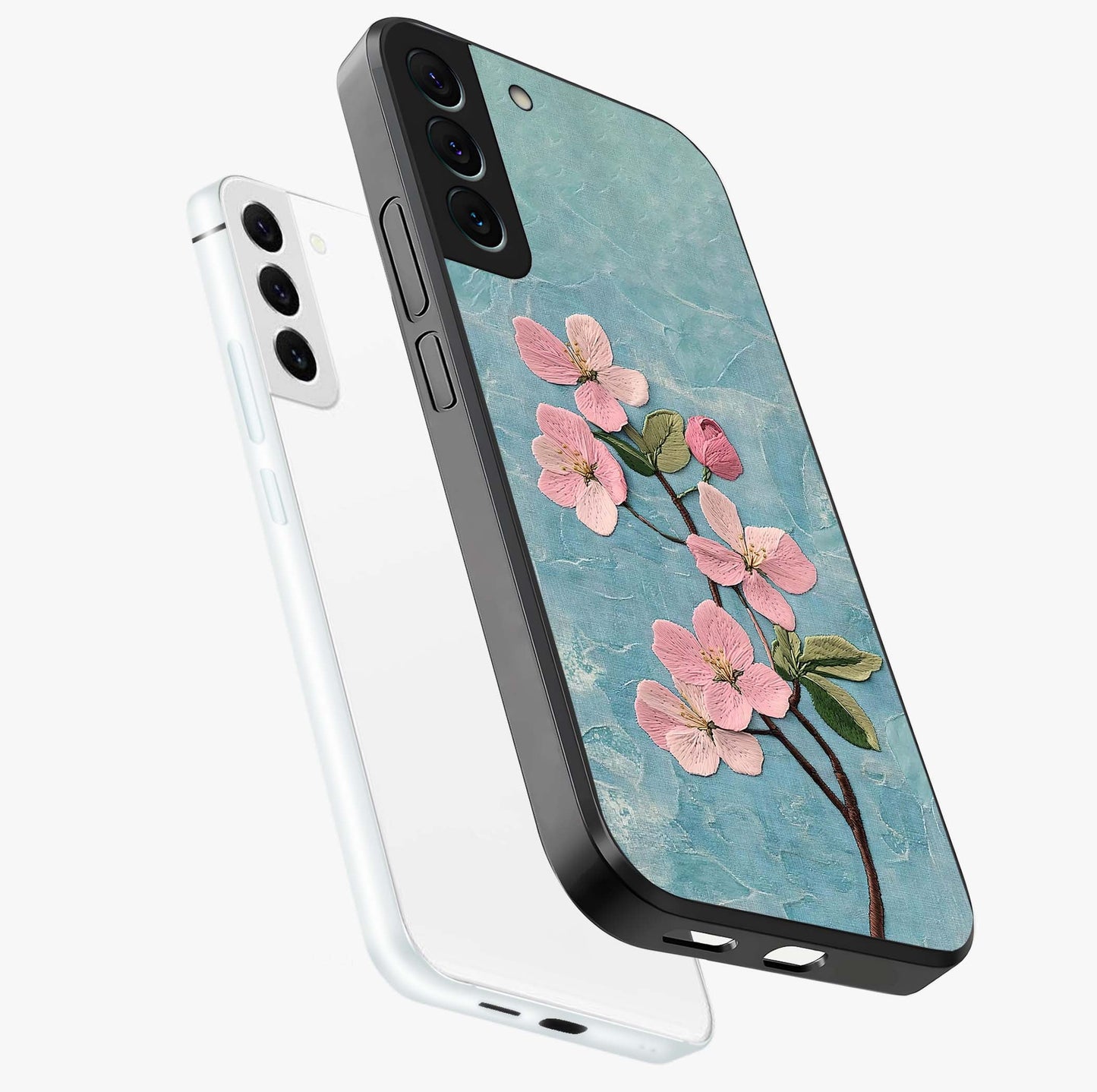 Threaded Blossom Breeze Glass Case displayed in angled mockup highlighting elegant floral design with soft aesthetic style.