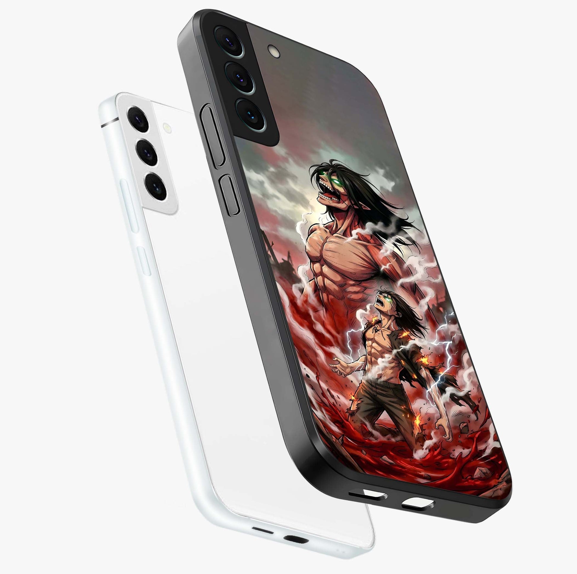 Titan Awakening Fury Glass Case displayed in angled mockup highlighting dramatic giant warrior design with bold anime aesthetic.