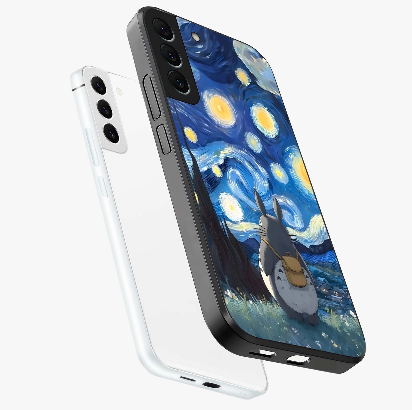 Totoro In Van Gogh Art Glass Case displayed in angled mockup highlighting artistic swirling sky design with playful animation aesthetic.
