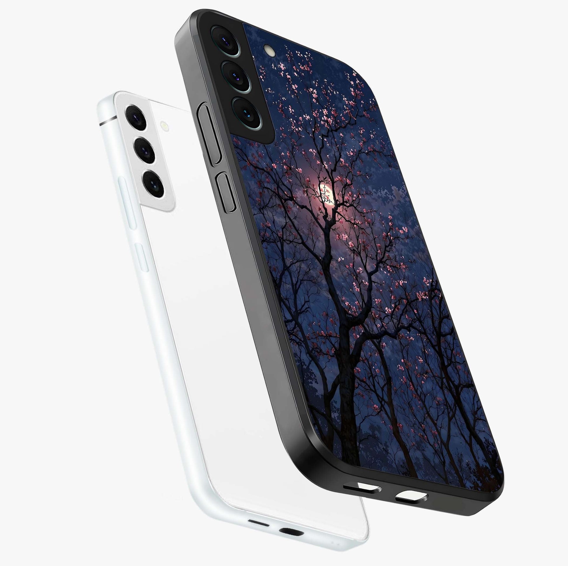 Twilight Sakura Serenade Glass Case displayed in angled mockup highlighting delicate sakura flower design with dreamy aesthetic.