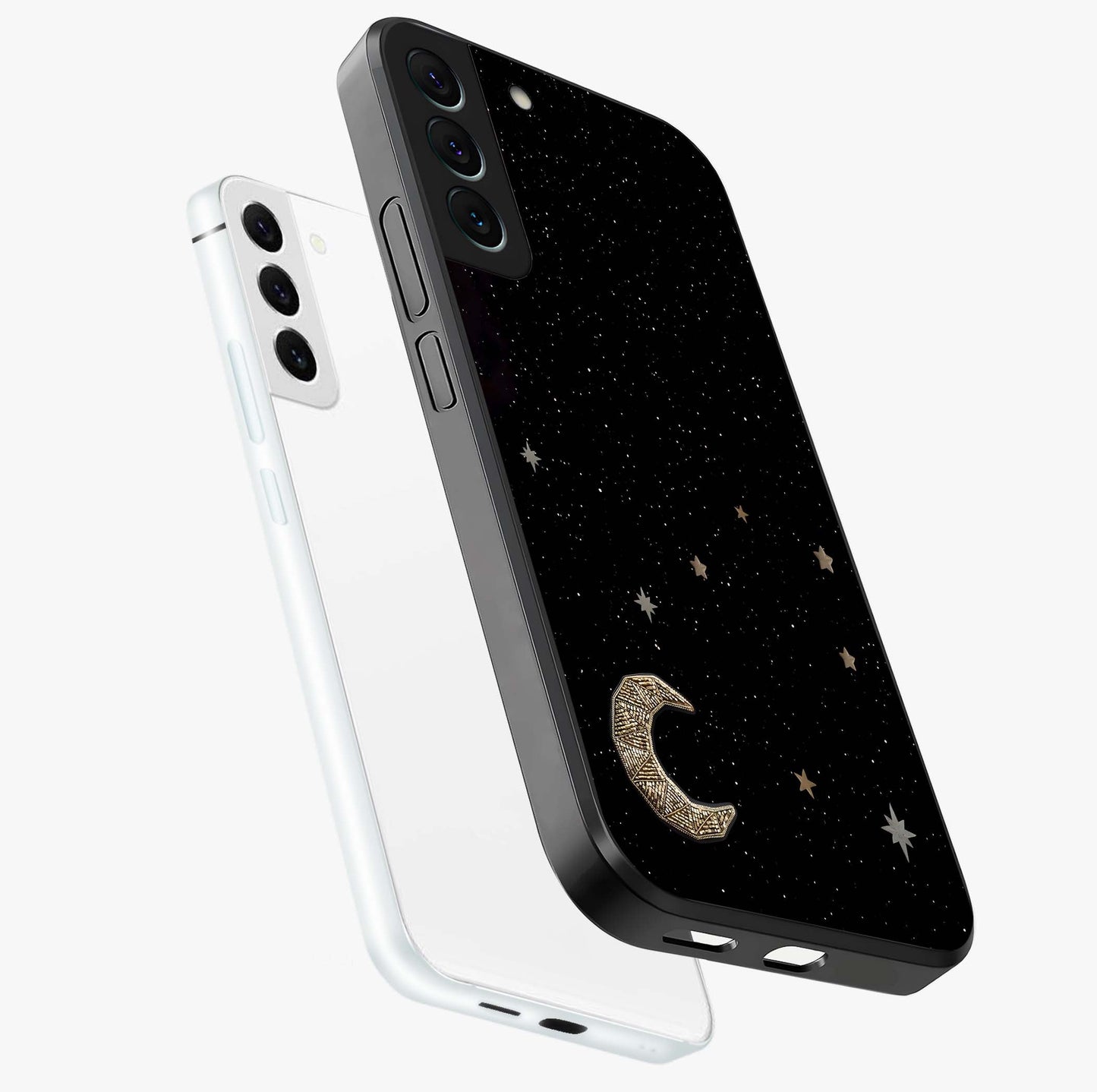 Twinkle Star With Half Moon Glass Case displayed in angled mockup highlighting celestial moon and star design with magical aesthetic.