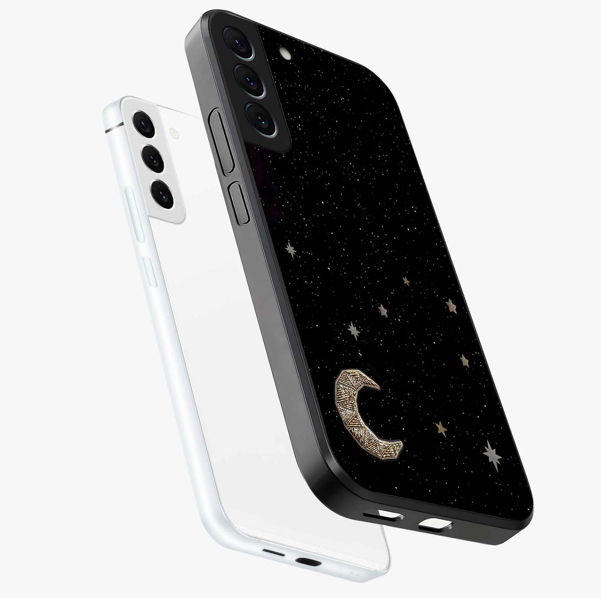 Twinkle Star With Half Moon Glass Case displayed in angled mockup highlighting celestial moon and star design with magical aesthetic.