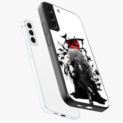 Uchiha Shadow Throne Glass Case displayed in angled mockup highlighting glowing aquatic design with celestial aesthetic.