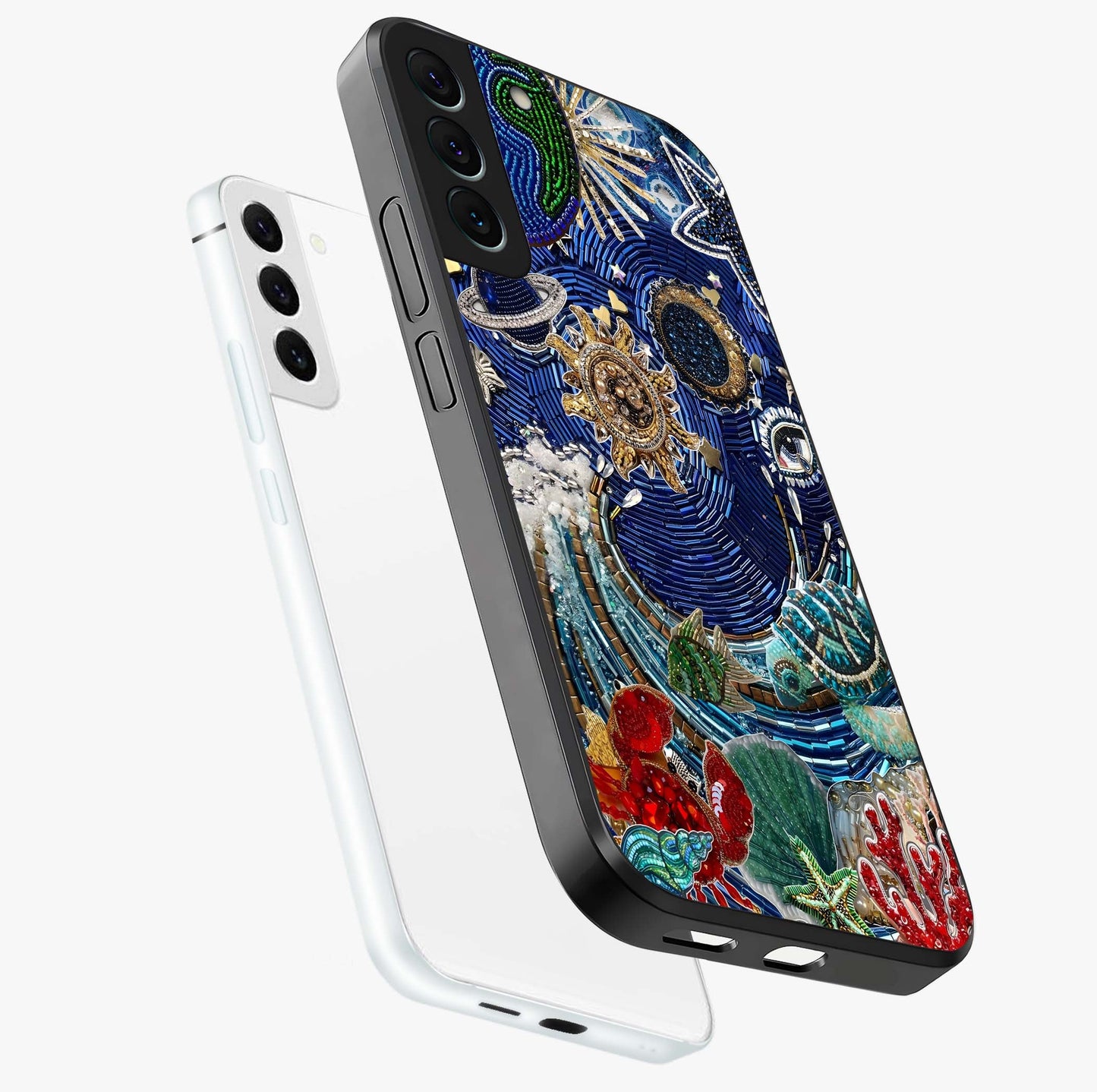 Universe Underwater Spark Glass Case displayed in angled mockup highlighting glowing aquatic design with celestial aesthetic.