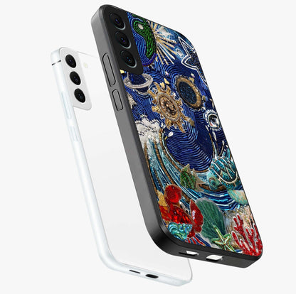 Universe Underwater Spark Glass Case displayed in angled mockup highlighting glowing aquatic design with celestial aesthetic.