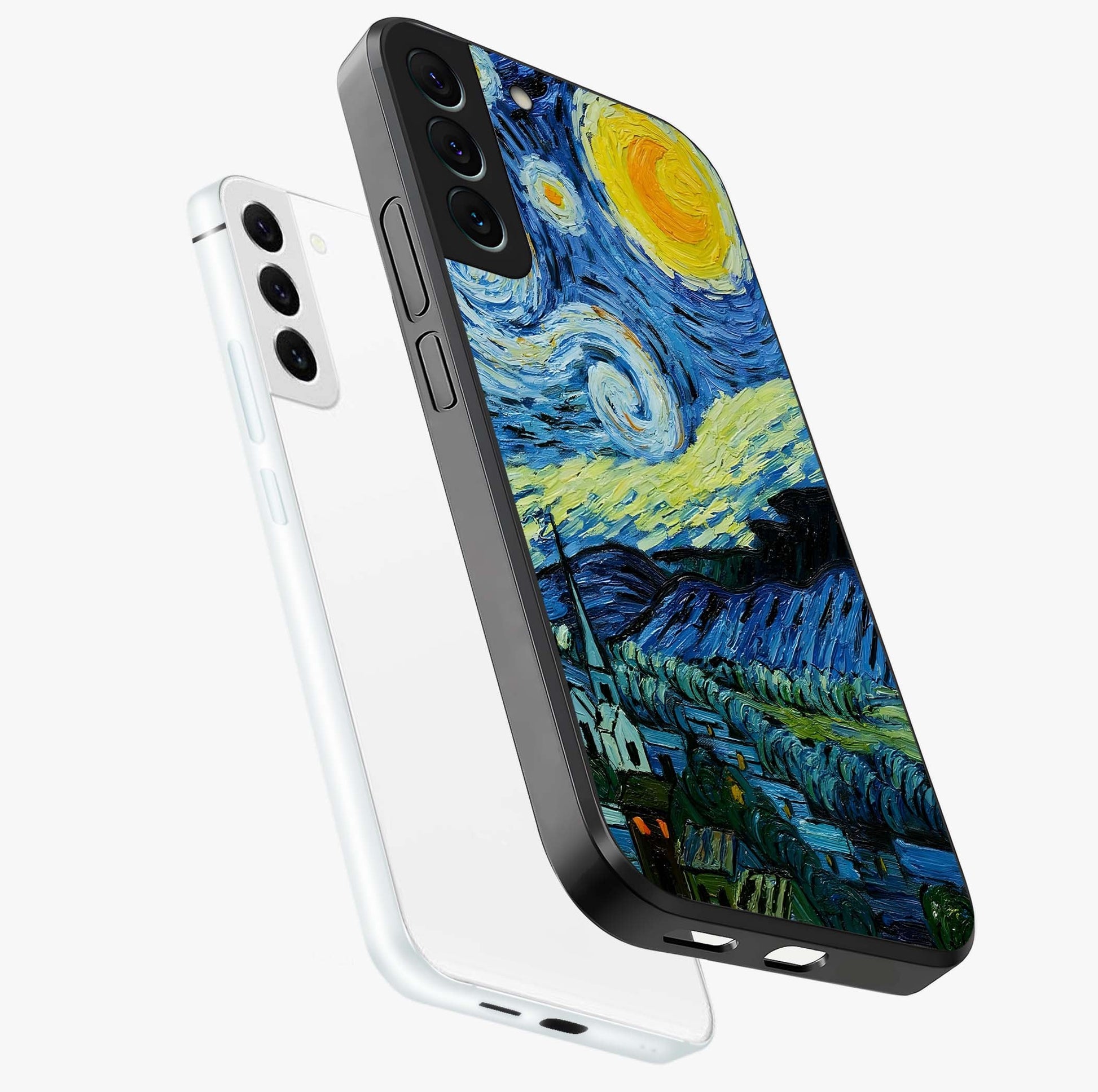 Van Gogh Art Glass Case displayed in angled mockup highlighting swirling brushstroke design with artistic aesthetic.