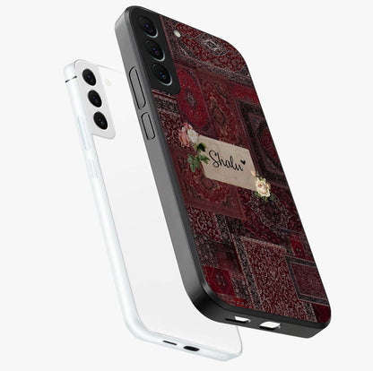 Velvet Wine Pattern Custom Name Glass Case displayed in angled mockup highlighting decorative velvet inspired design with custom name feature.