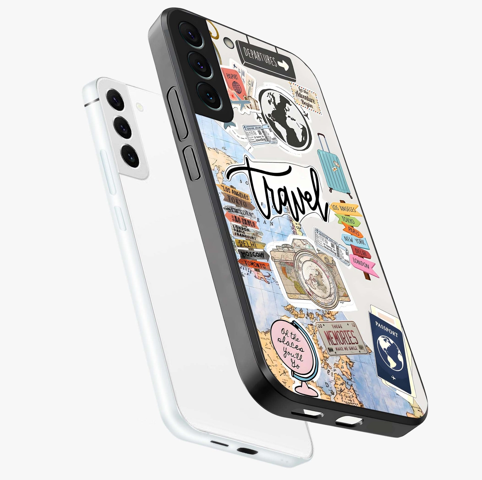 Wanderlust Journal Glass Case displayed in angled mockup highlighting adventure themed design with aesthetic travel vibe.