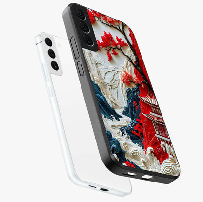 Whispers Of Sakura Waves Glass Case displayed in angled mockup highlighting flowing sakura design with soft floral aesthetic.