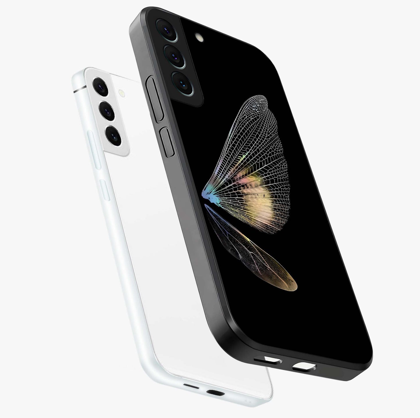 Whispers Of Wings Glass Case displayed in angled mockup highlighting soft feather design with celestial aesthetic style.
