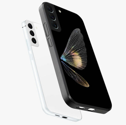 Whispers Of Wings Glass Case displayed in angled mockup highlighting soft feather design with celestial aesthetic style.