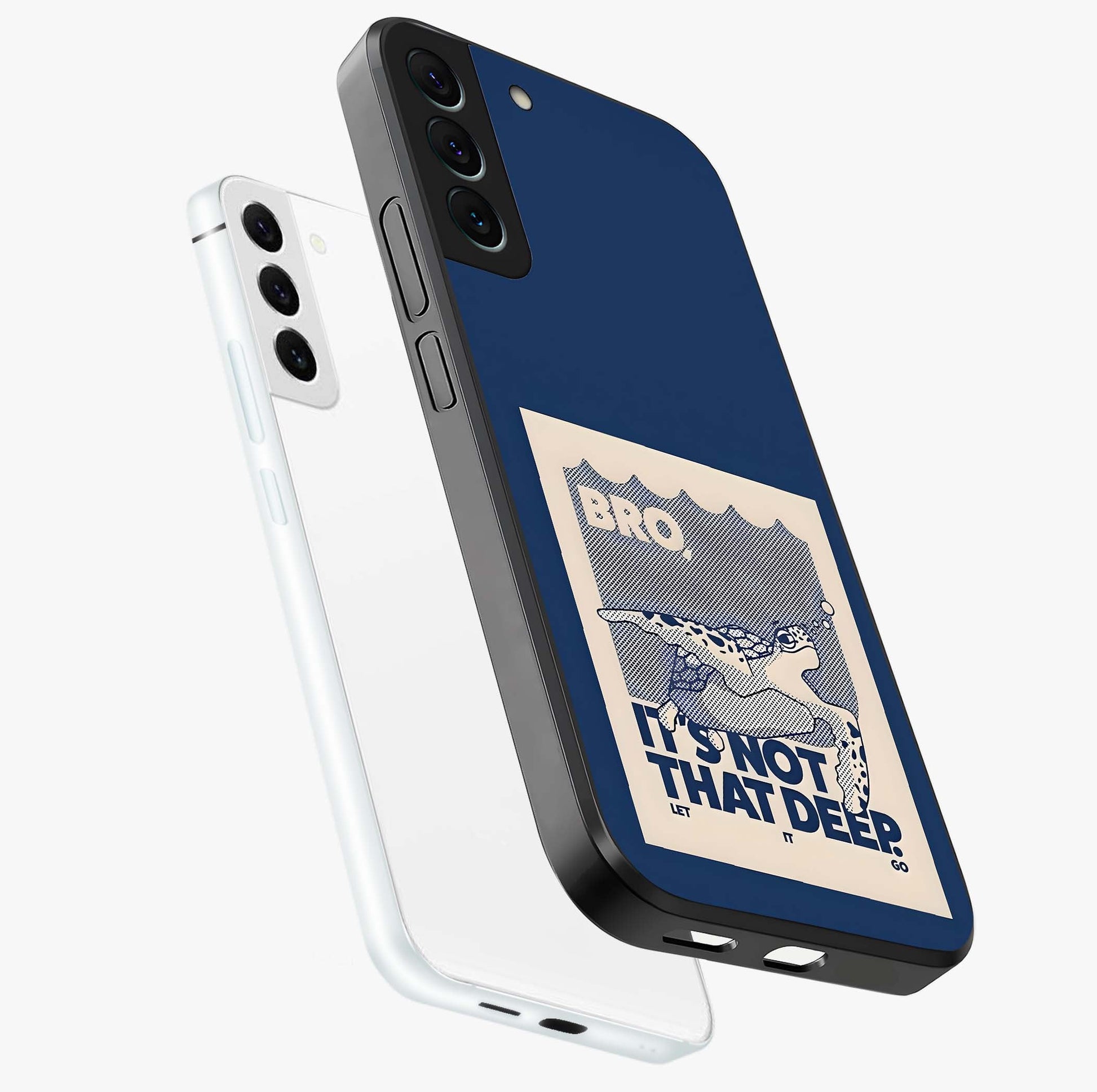 Worry Less Swim Glass Case displayed in angled mockup highlighting fun typography design with relaxed aesthetic style.