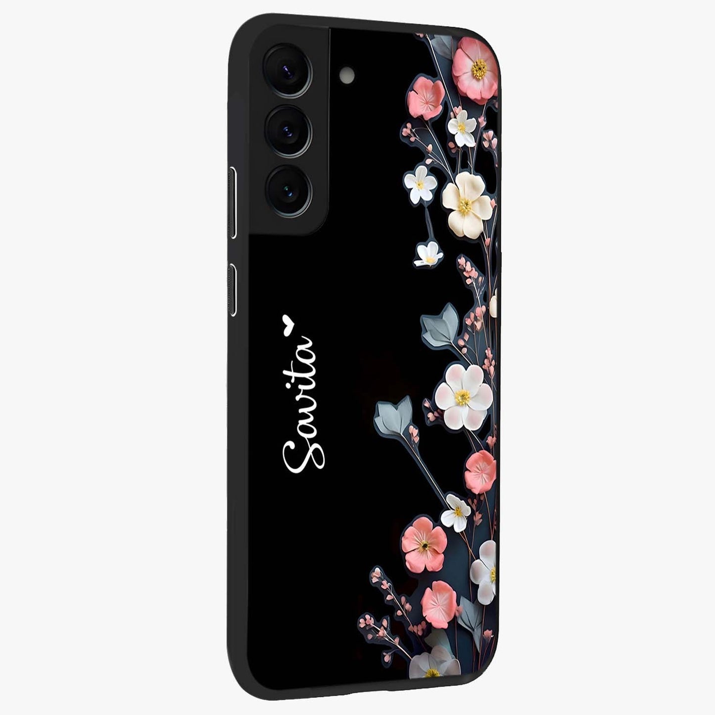 Black Elegance Floral Custom Name Glass Case upright view showcasing luxurious black floral design with personalized name detail.