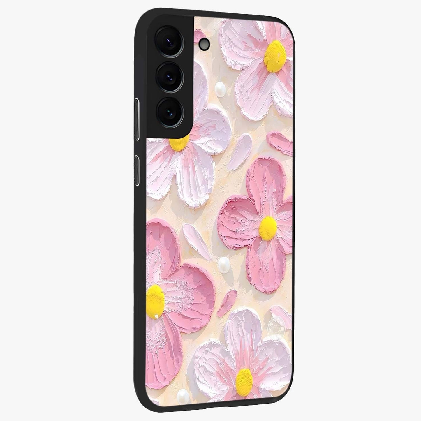 Blush Bloom Texture Glass Case upright view showcasing delicate blush floral texture with modern minimal style.