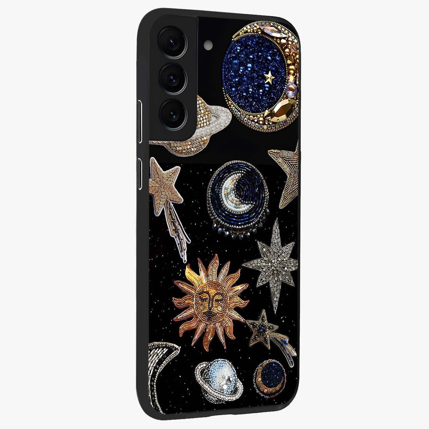 Celestial Gem Constellations Glass Case upright view showcasing cosmic constellation artwork with celestial aesthetic style.
