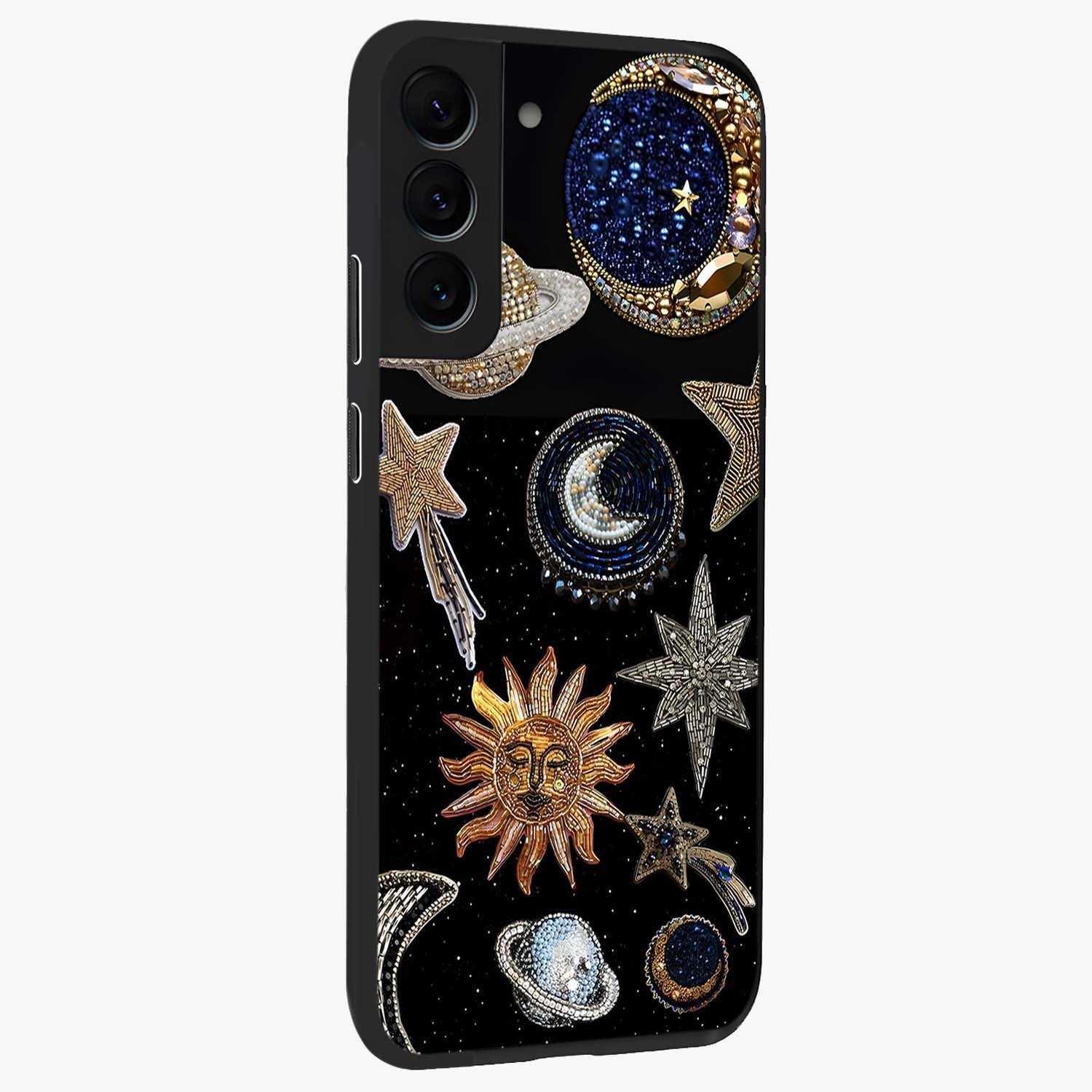 Celestial Gem Constellations Glass Case upright view showcasing cosmic constellation artwork with celestial aesthetic style.