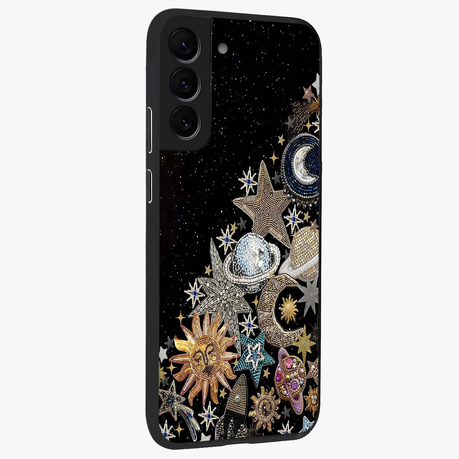 Cosmic Sparkle Dreams Glass Case upright view showcasing glowing cosmic artwork with magical galaxy theme.