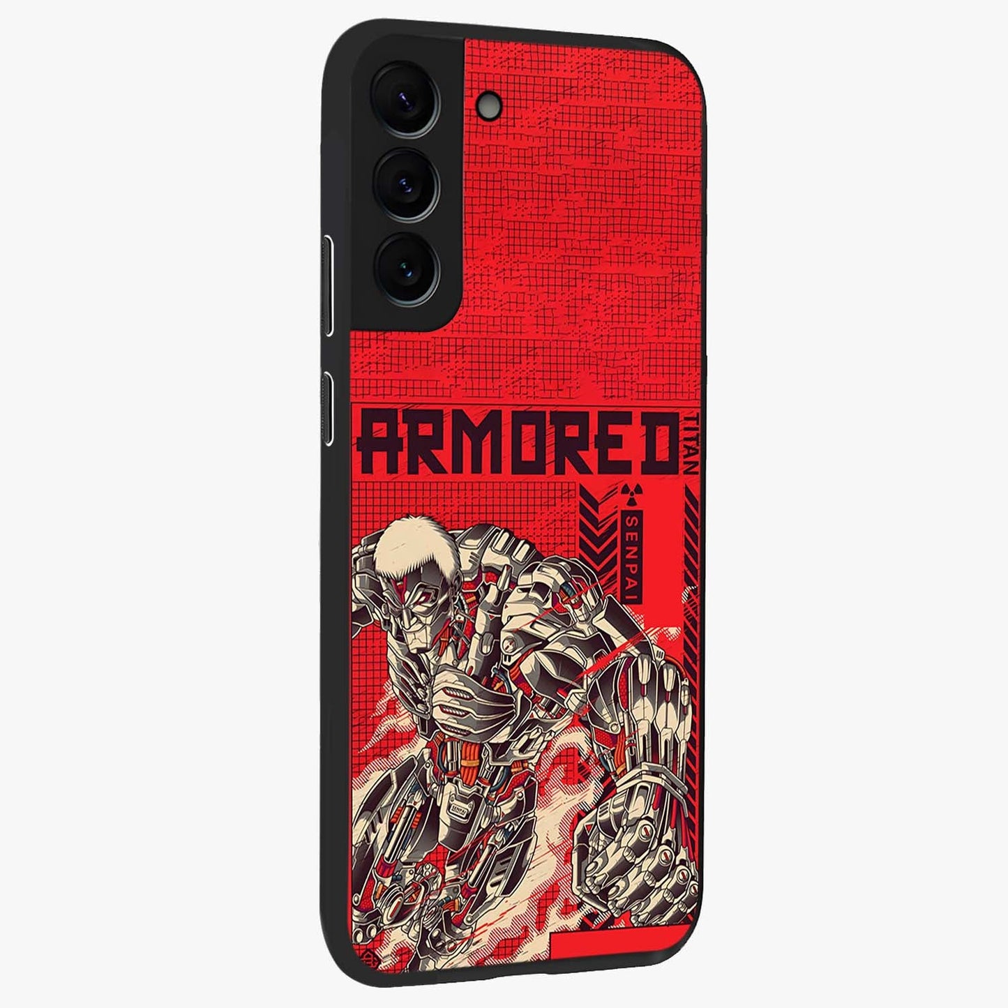 Crimson Mecha Titan Glass Case upright view showcasing dynamic robotic titan design with sci-fi inspired theme.