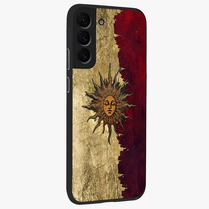 Crimson Sun Majesty Glass Case upright view showcasing vibrant sun artwork with powerful celestial theme.