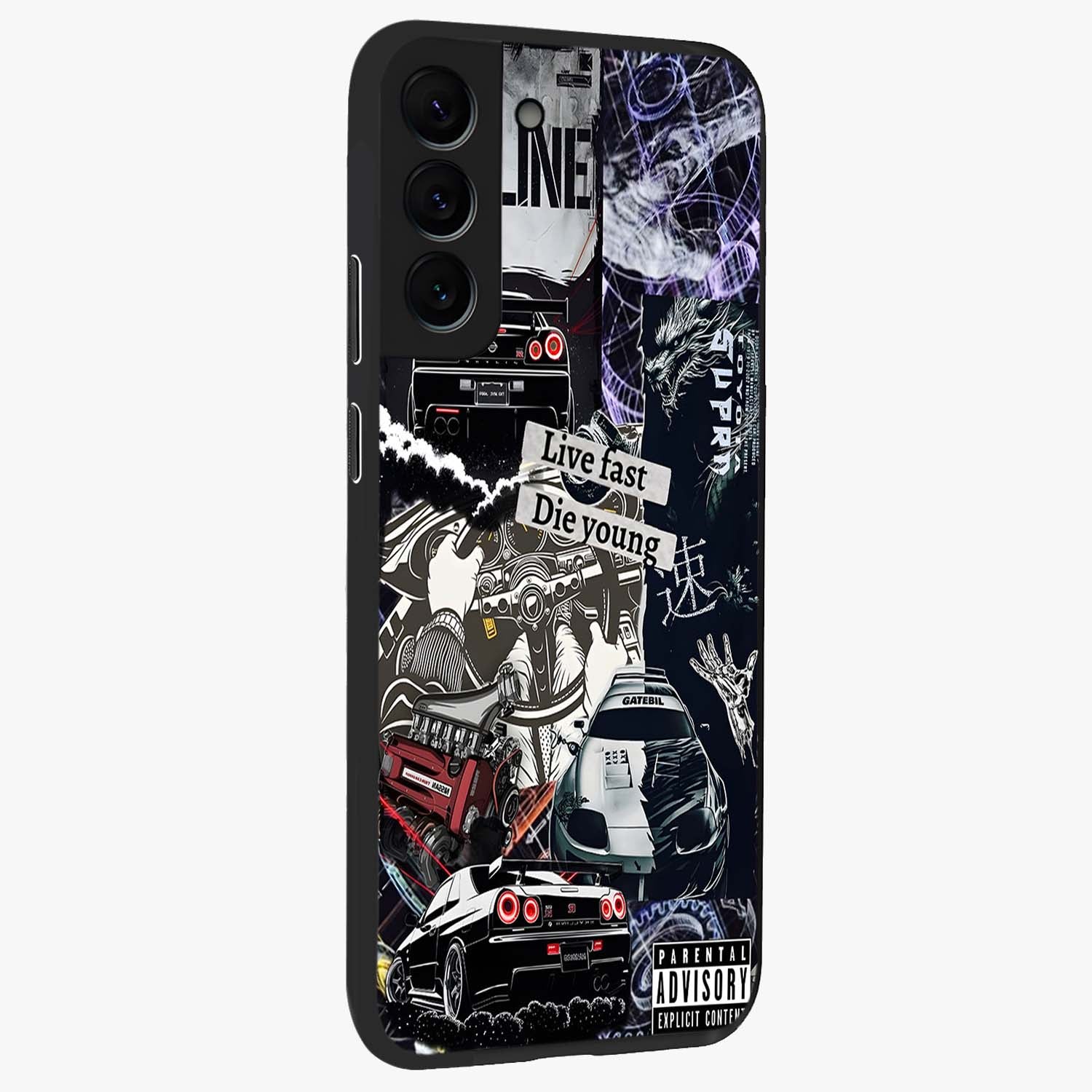 Die Young Glass Case upright view showcasing striking typography artwork with modern statement theme.