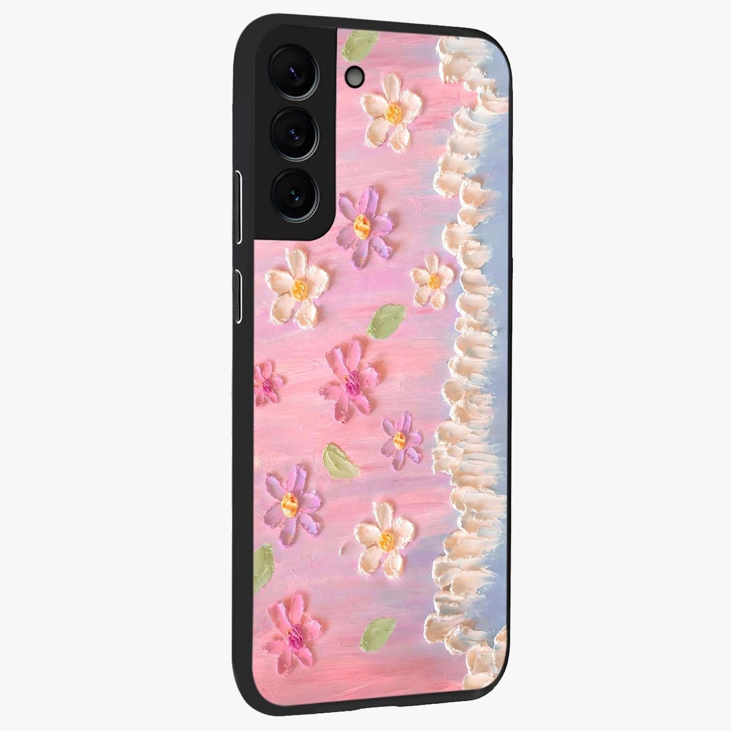 Dreamy Painted Garden Glass Case upright view showcasing vibrant floral garden artwork with artistic nature theme.