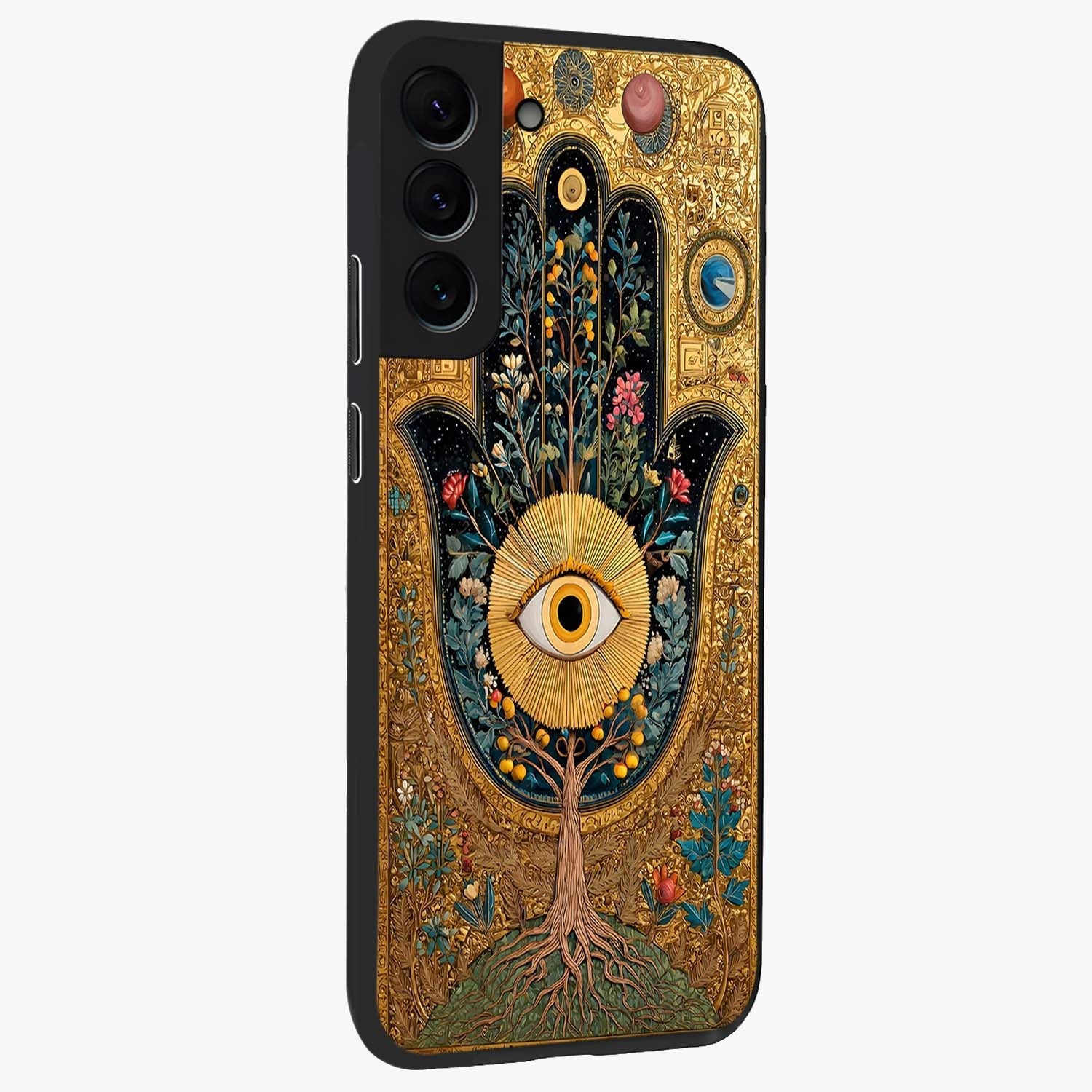 Ethereal Evil Eye Glass Case upright view showcasing celestial evil eye artwork with mystical theme.