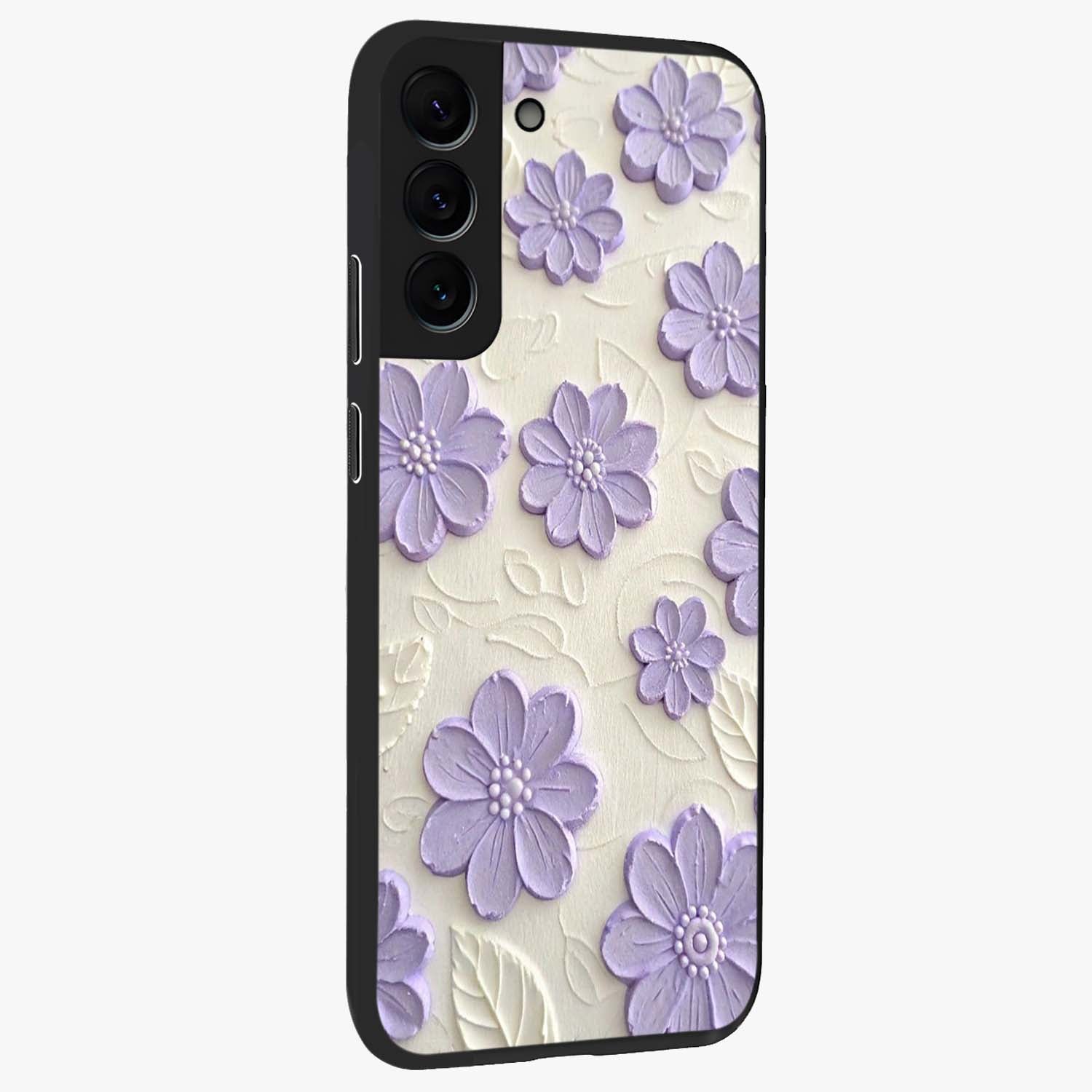 Floral Wall Art With Purple Flowers Glass Case upright view showcasing elegant purple flower artwork with decorative floral theme.