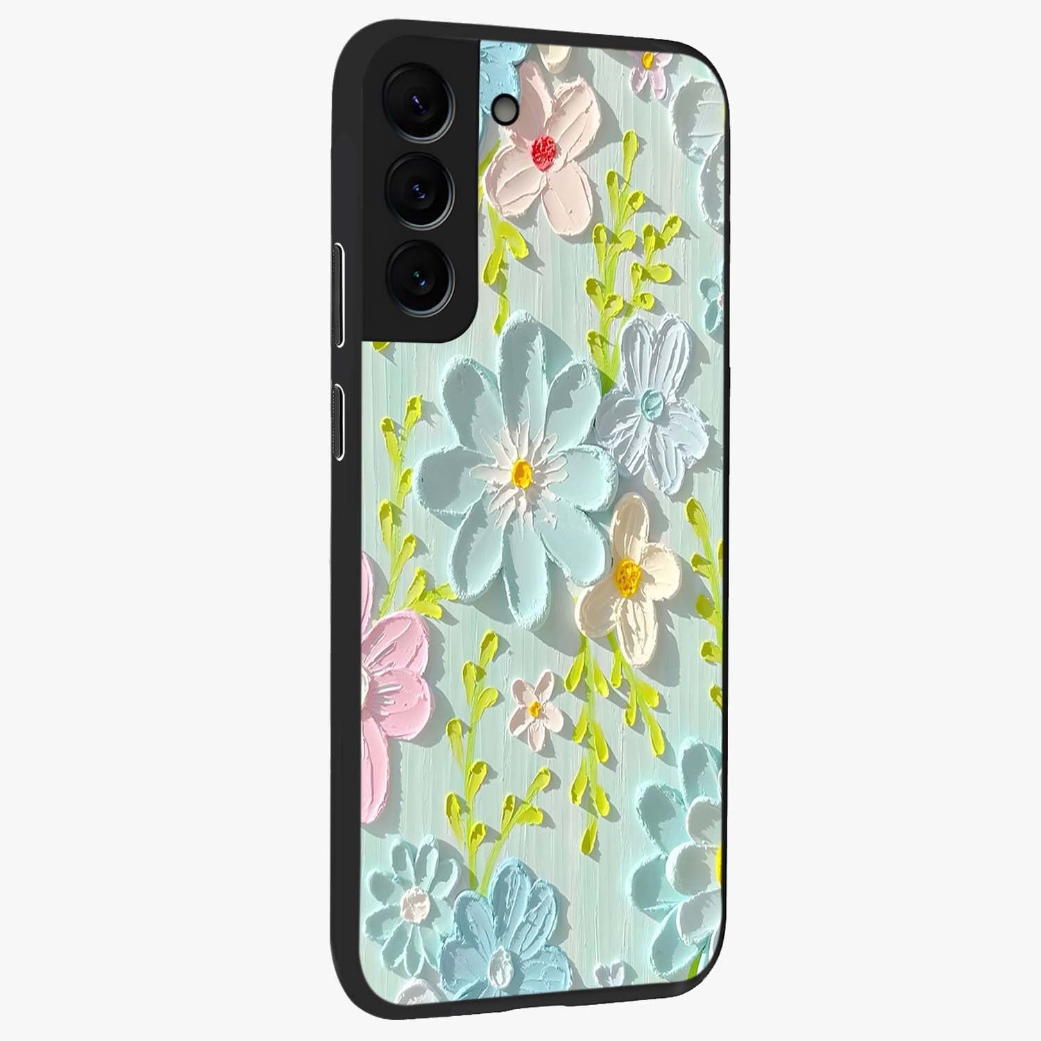 Frosted Petal Garden Glass Case upright view showcasing elegant floral garden artwork with soothing pastel theme.