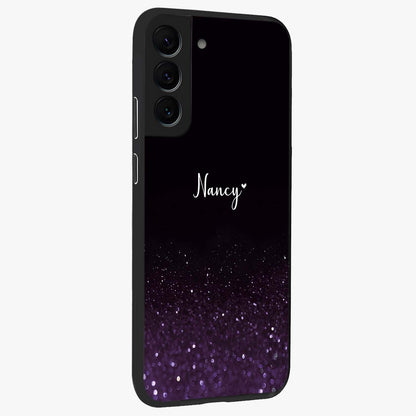 Glittery Purple Bokeh Custom Name Glass Case upright view showcasing vibrant purple sparkle artwork with personalized aesthetic style.