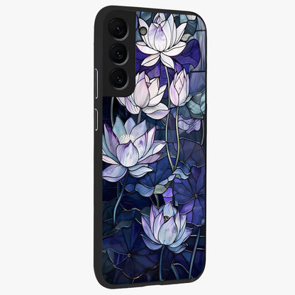 Gloss Petal Rush Glass Case upright view showcasing dynamic floral petal artwork with modern botanical theme.