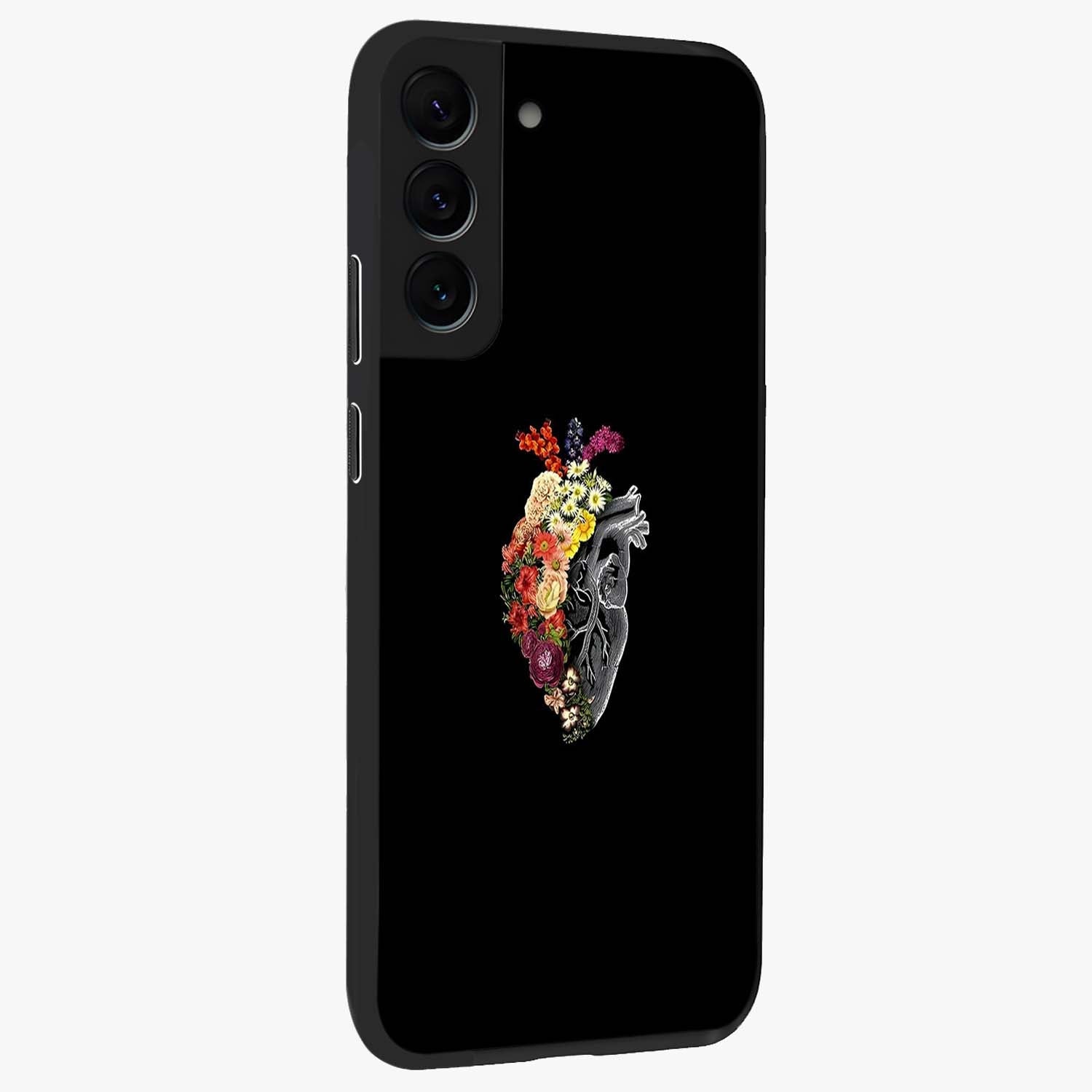 Heart With Flowers Glass Case upright view showcasing decorative heart and floral artwork with sweet romantic theme.