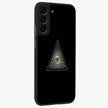 Illuminati Evil Glass Case upright view showcasing striking illuminati artwork with mysterious symbolic theme.