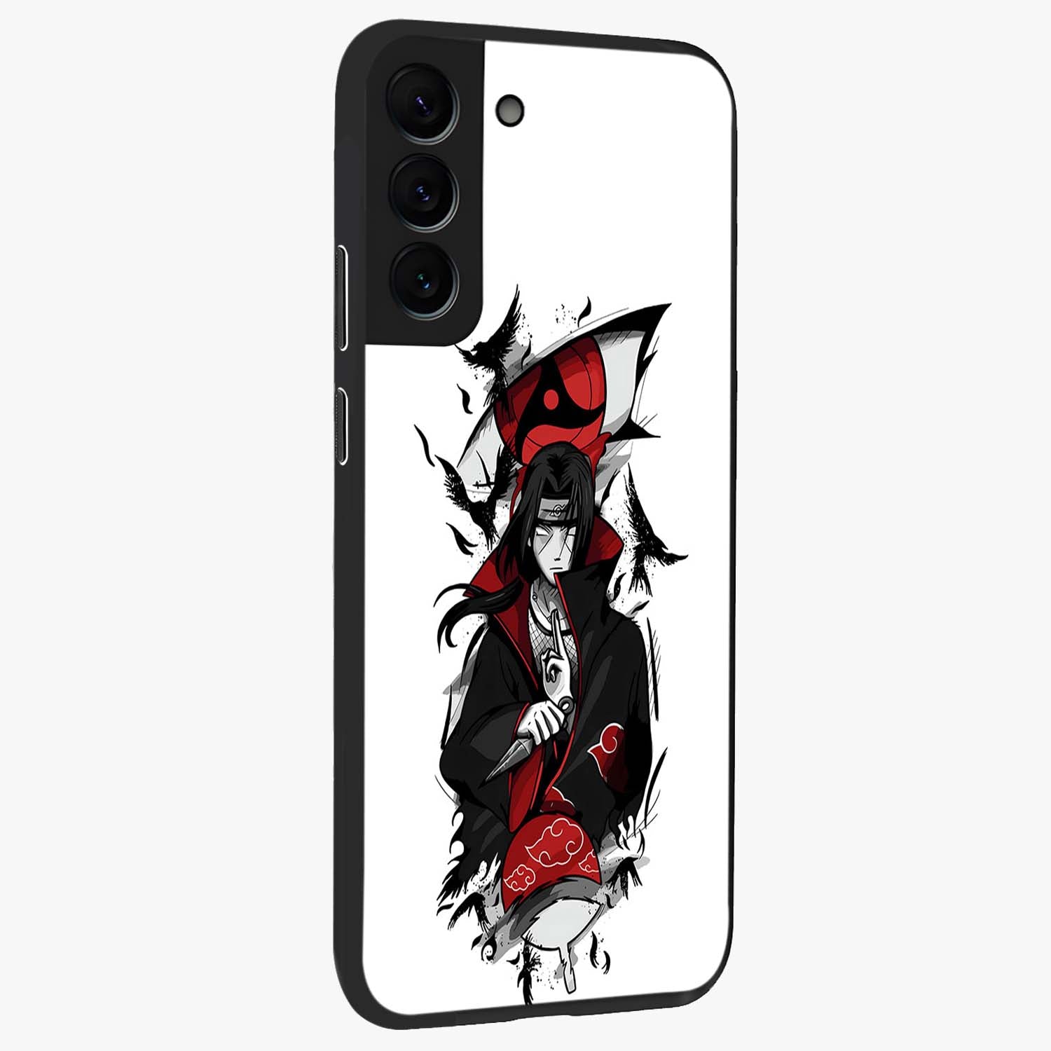 Itachi Sharingan Glass Case upright view showcasing intense anime eye artwork with bold character theme.