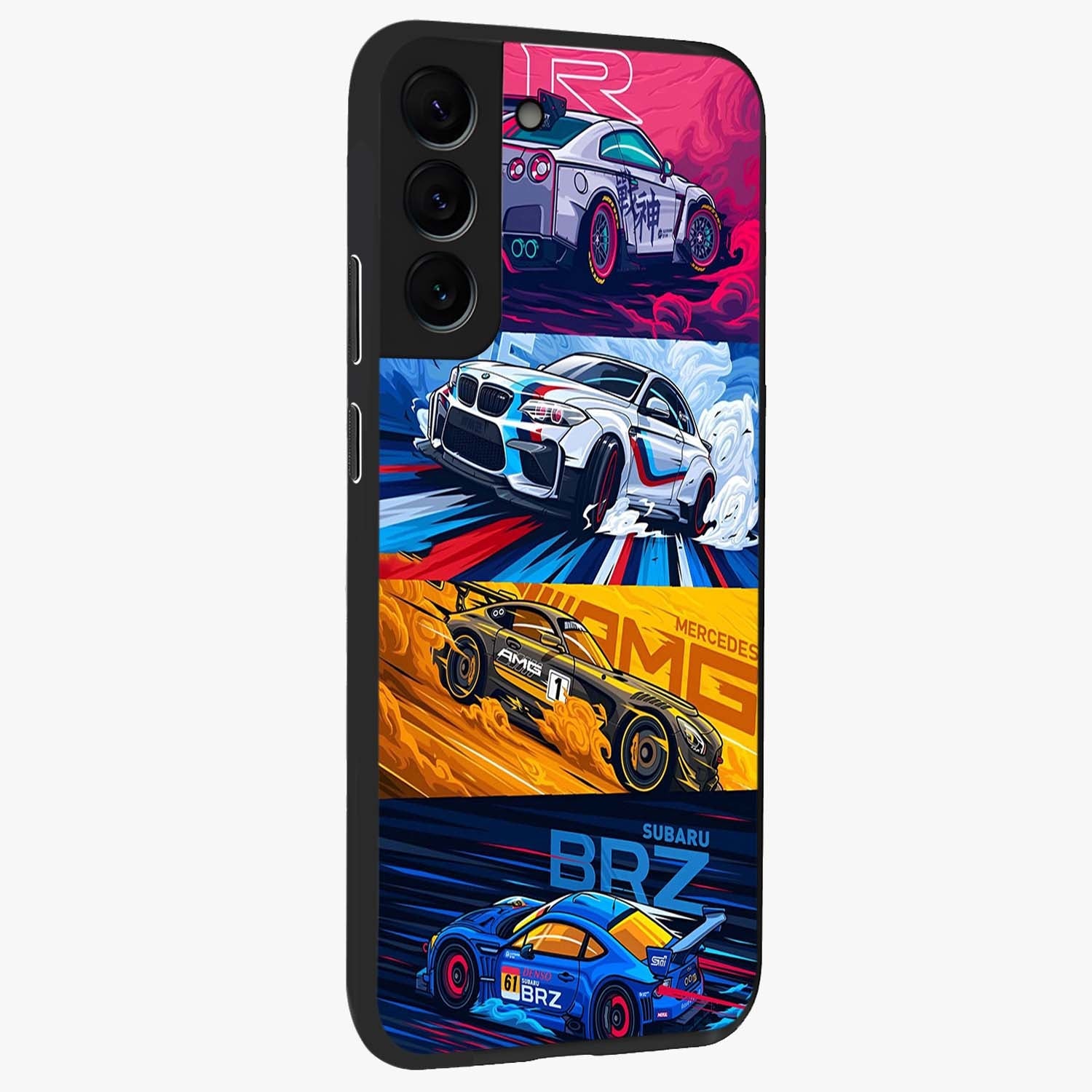 JDM Sports Car Glass Case upright view showcasing dynamic sports car artwork with bold racing theme.