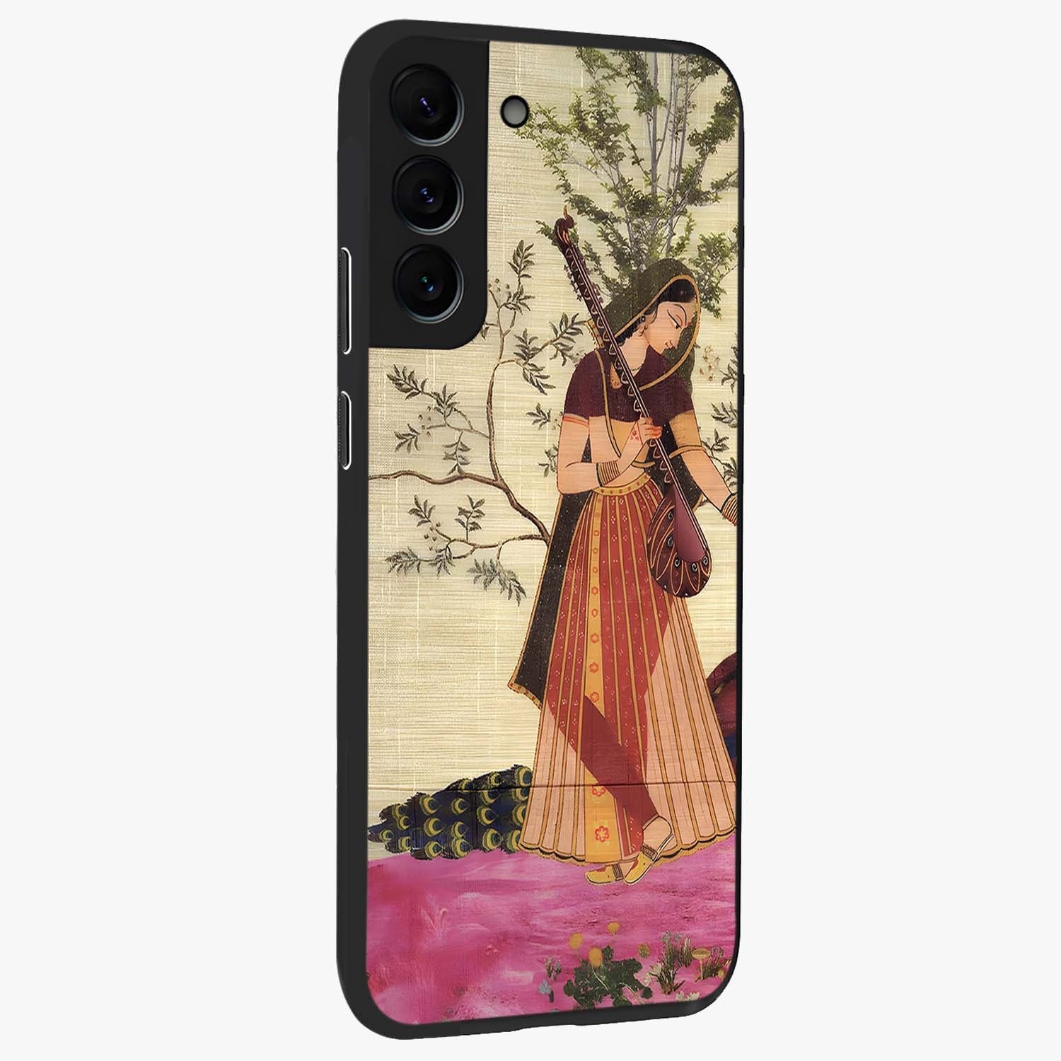 Lady With Veena Art Glass Case upright view showcasing classical veena artwork with traditional artistic theme.