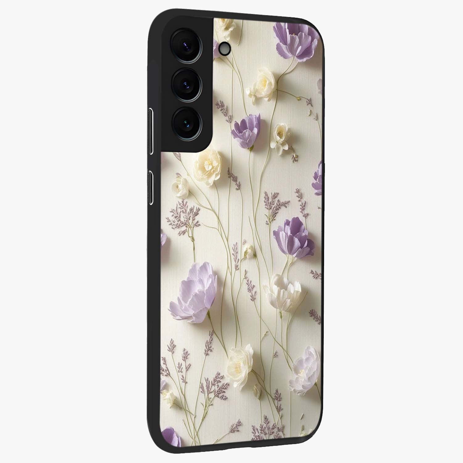 Lilac Breeze Harmony Glass Case upright view showcasing delicate lilac artwork with peaceful floral theme.